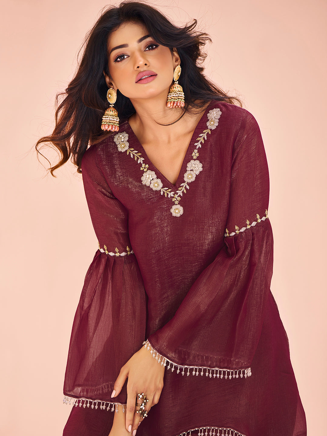 Maroon Embroidered Kurta Pant Set for Women