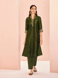 Olive Green Embroidered Kurta Pant Set for Women