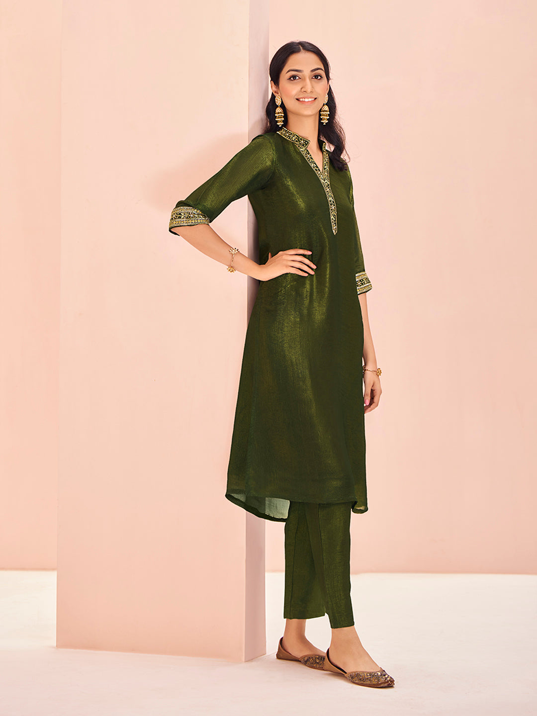 Olive Green Embroidered Kurta Pant Set for Women
