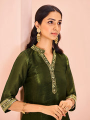 Olive Green Embroidered Kurta Pant Set for Women