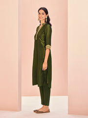Olive Green Embroidered Kurta Pant Set for Women