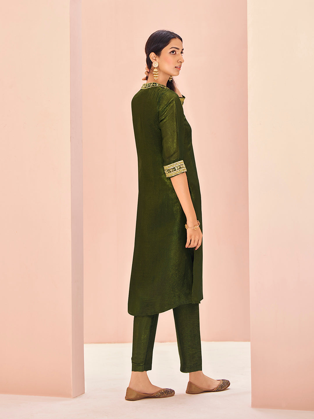 Olive Green Embroidered Kurta Pant Set for Women