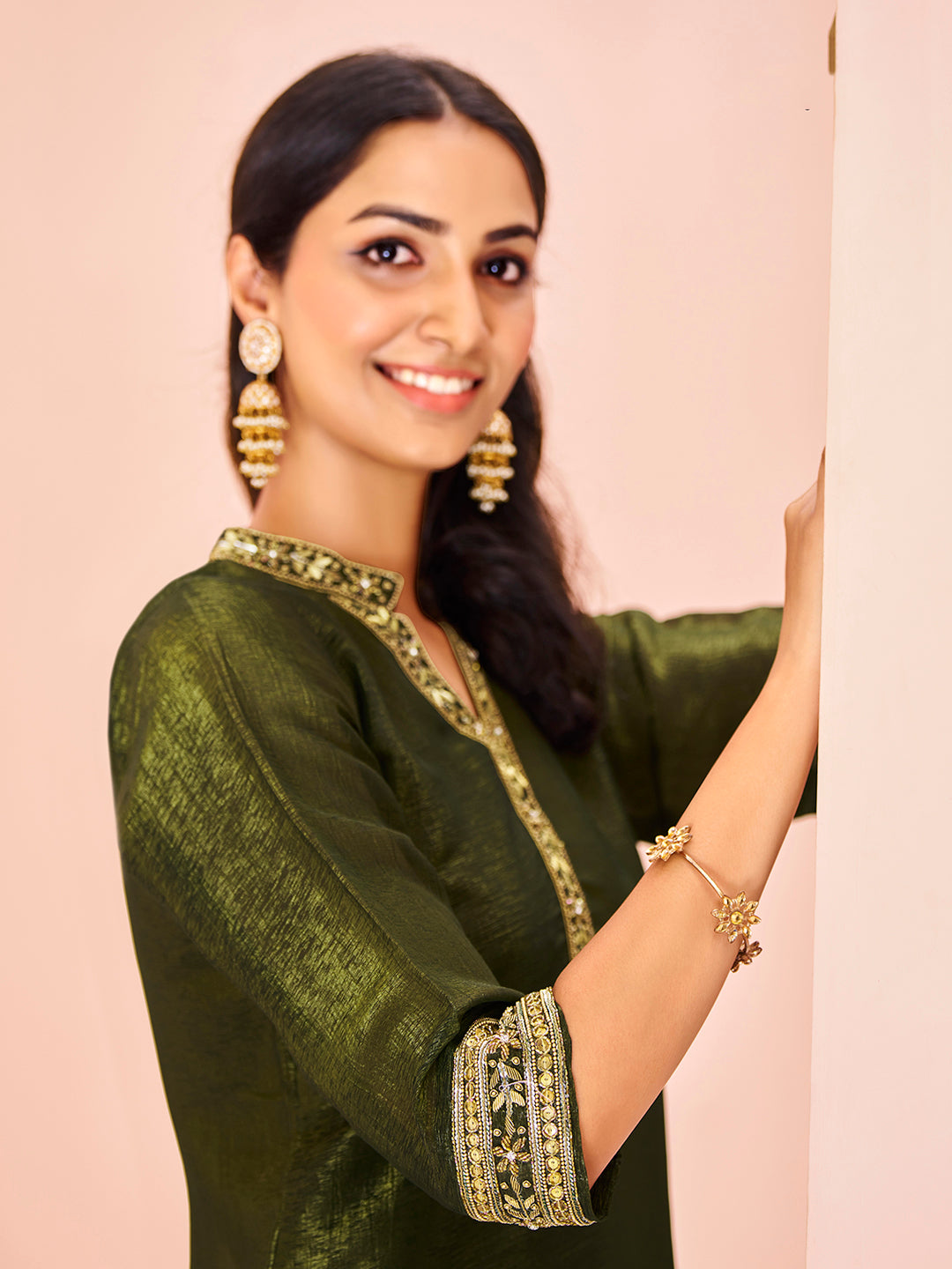 Olive Green Embroidered Kurta Pant Set for Women