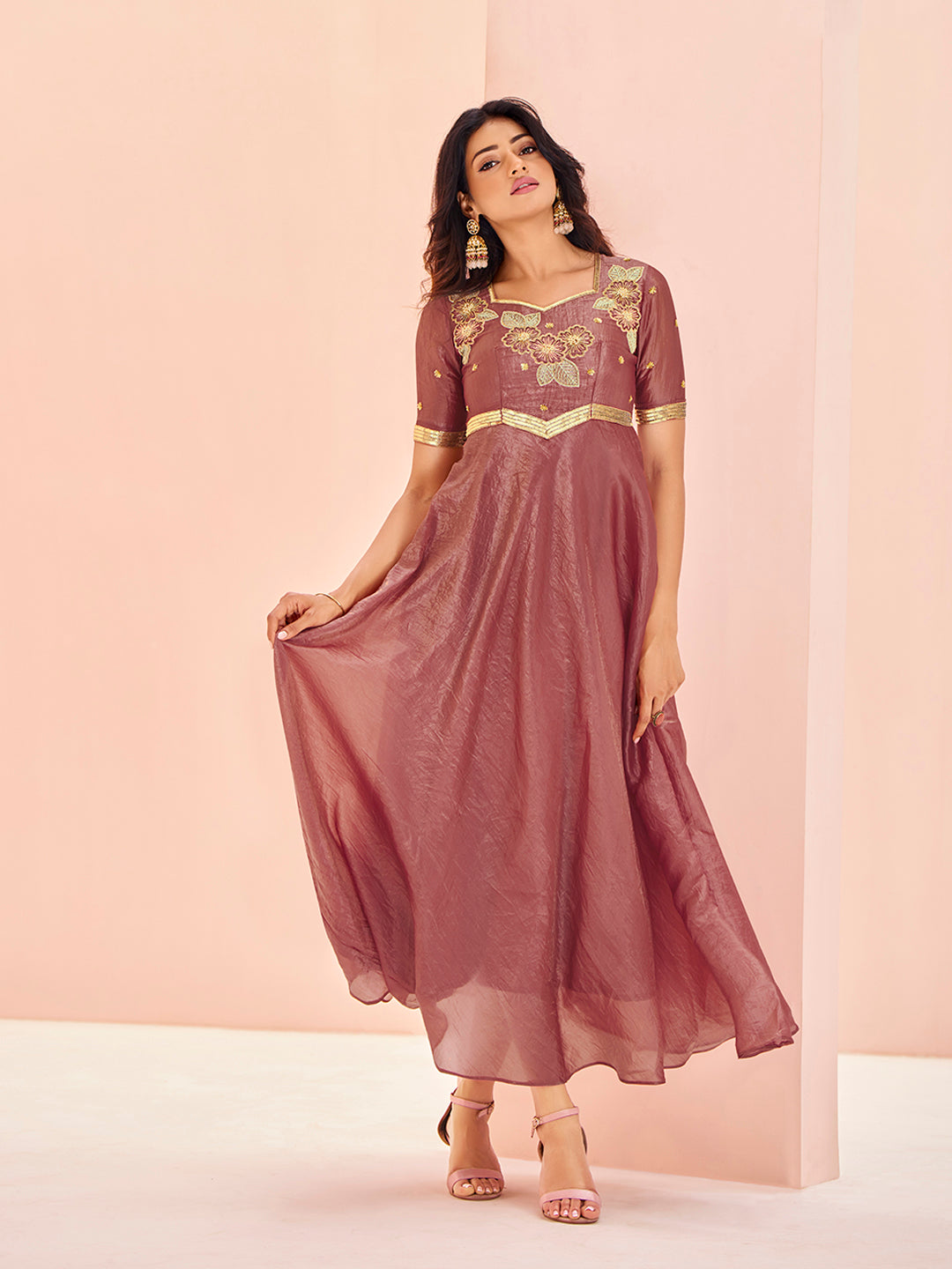 Purple Floral Embroidered Anarkali Kurta Pant Set for Women