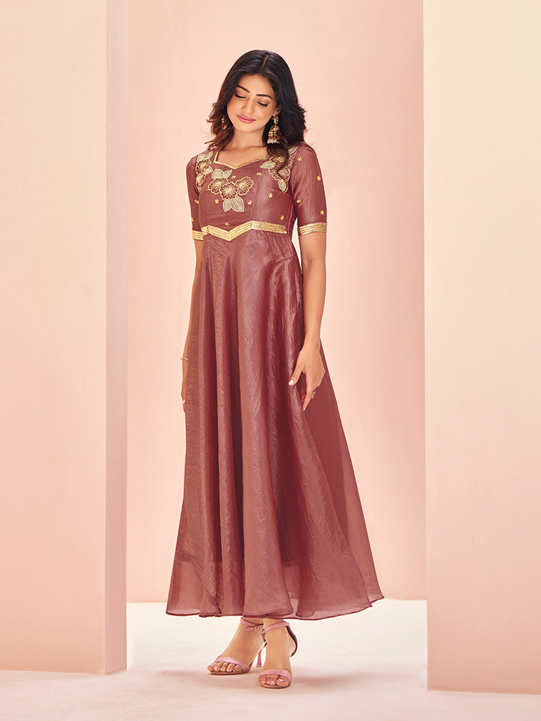 Purple Floral Embroidered Anarkali Kurta Pant Set for Women