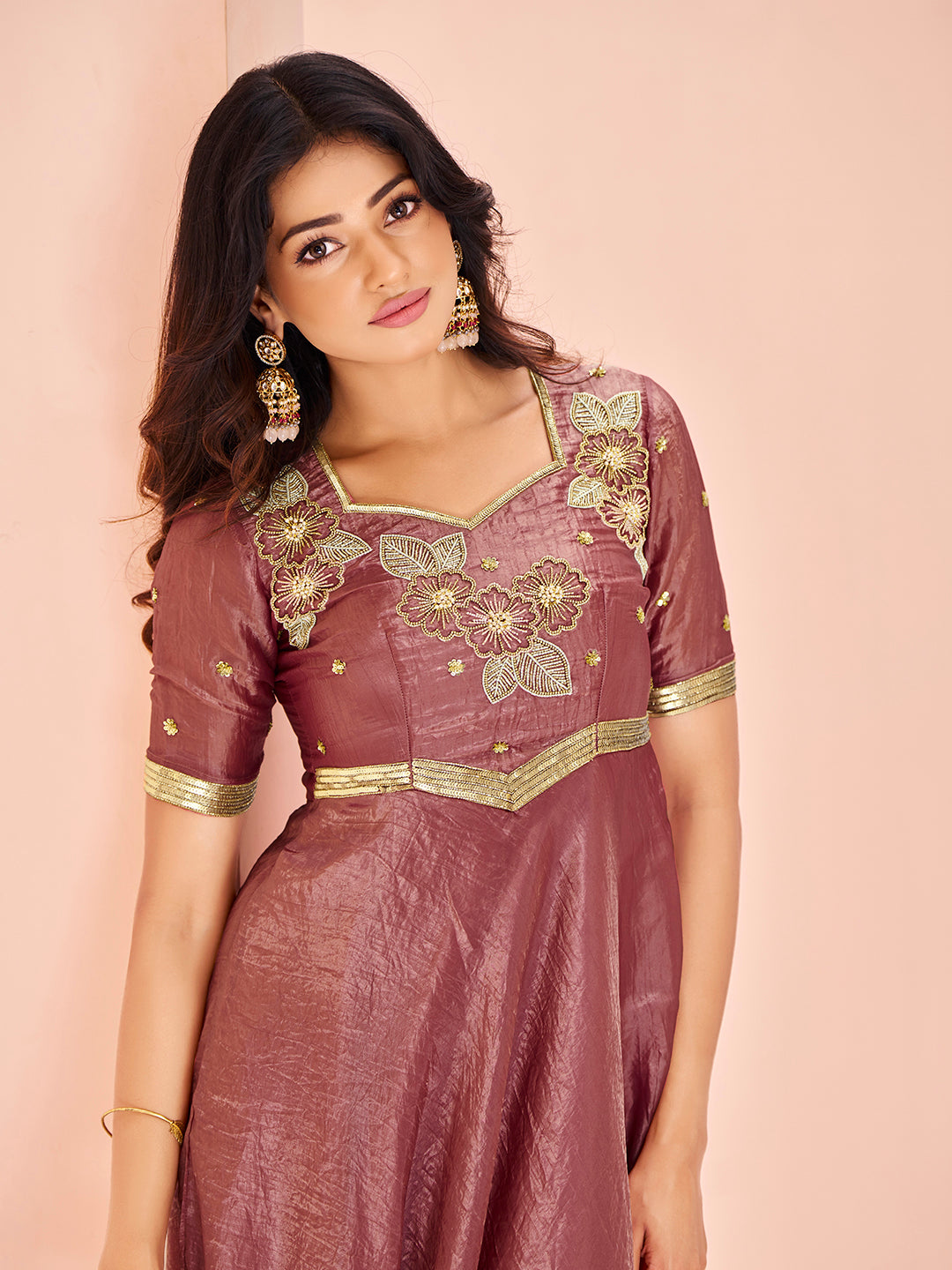 Purple Floral Embroidered Anarkali Kurta Pant Set for Women
