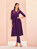 Wine Floral Embroidered Anarkali Kurta Pant Set for Women