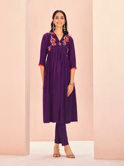 Wine Floral Embroidered Anarkali Kurta Pant Set for Women