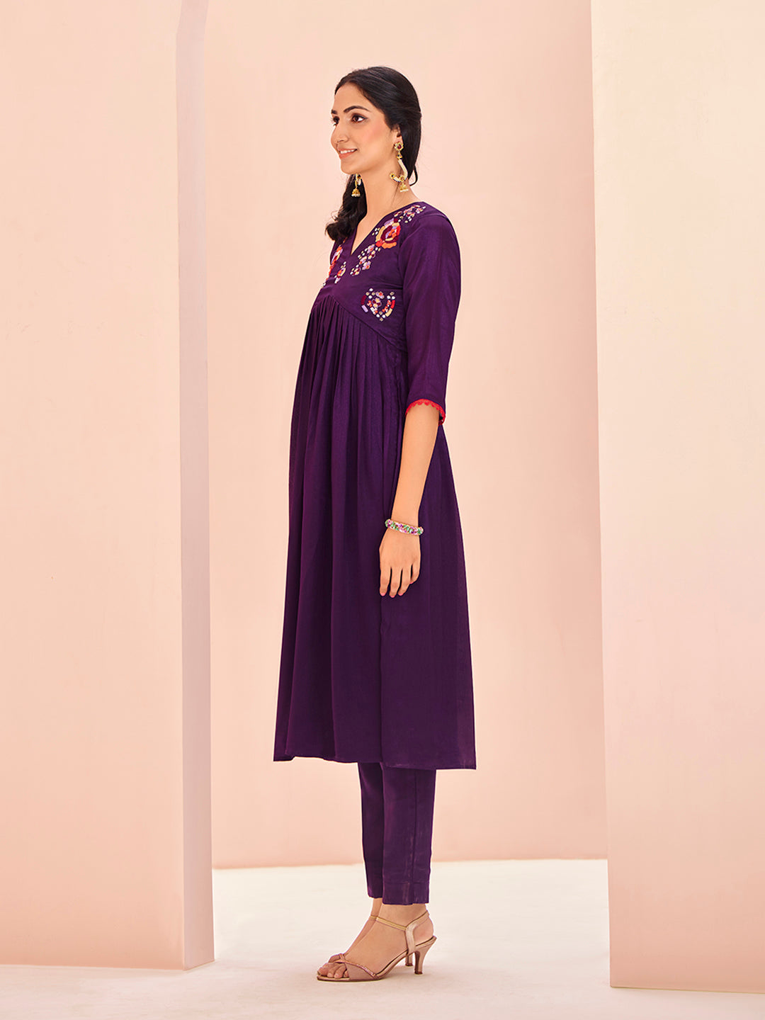 Wine Floral Embroidered Anarkali Kurta Pant Set for Women