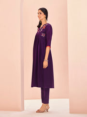 Wine Floral Embroidered Anarkali Kurta Pant Set for Women