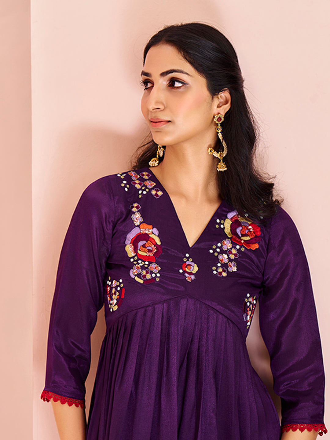 Wine Floral Embroidered Anarkali Kurta Pant Set for Women