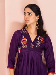 Wine Floral Embroidered Anarkali Kurta Pant Set for Women