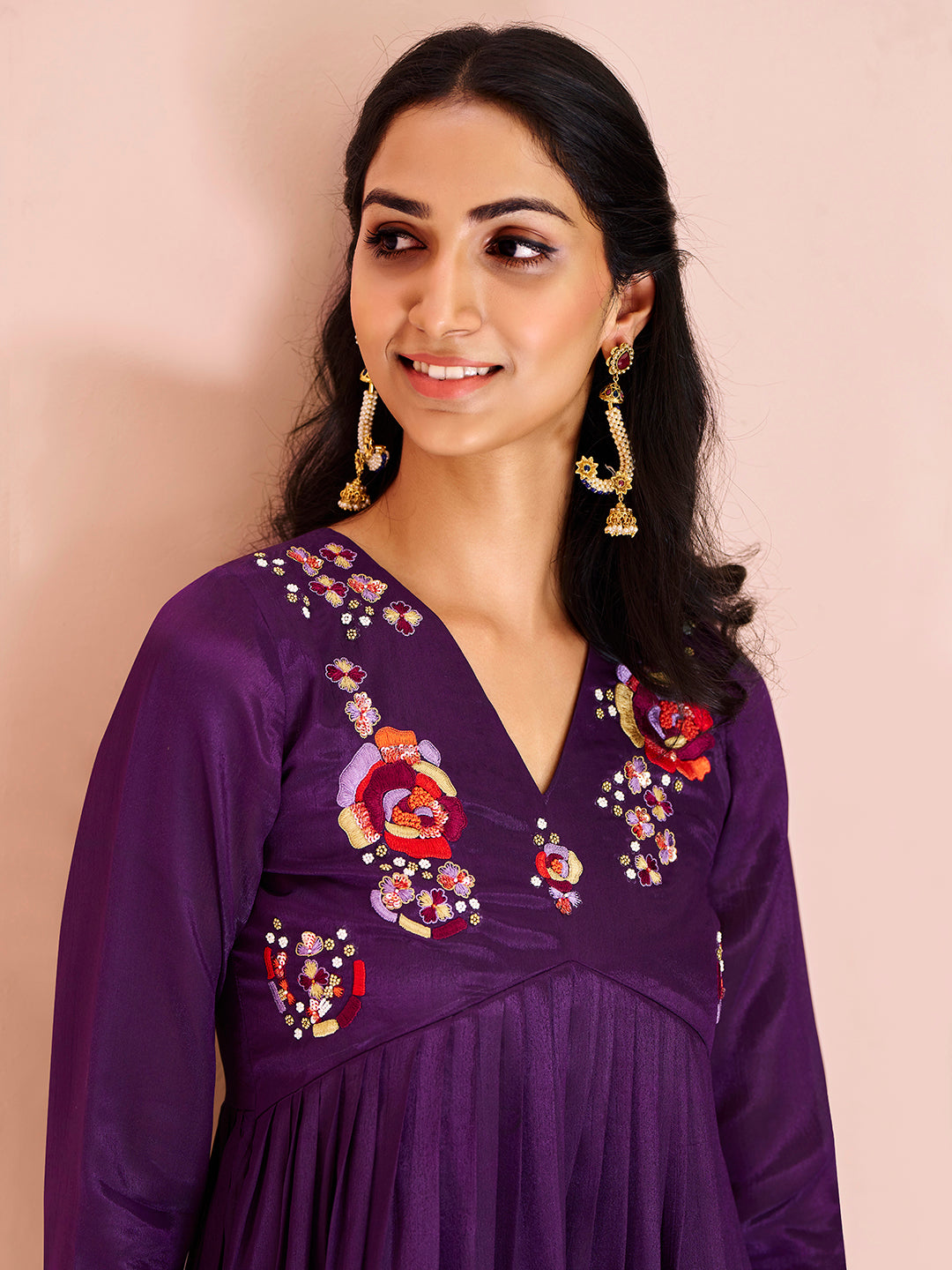 Wine Floral Embroidered Anarkali Kurta Pant Set for Women