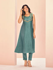 Aqua Blue Embroidered Kurta Pant Set for Women