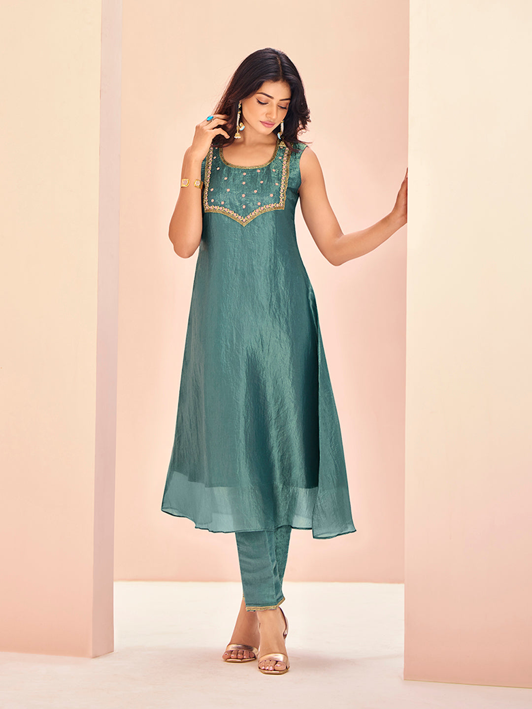 Aqua Blue Embroidered Kurta Pant Set for Women