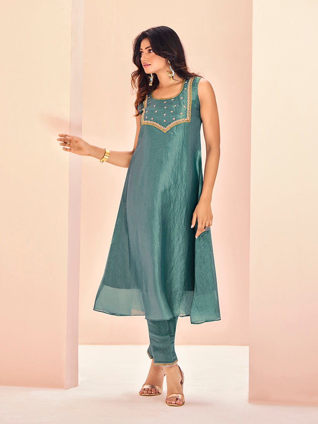 Aqua Blue Embroidered Kurta Pant Set for Women