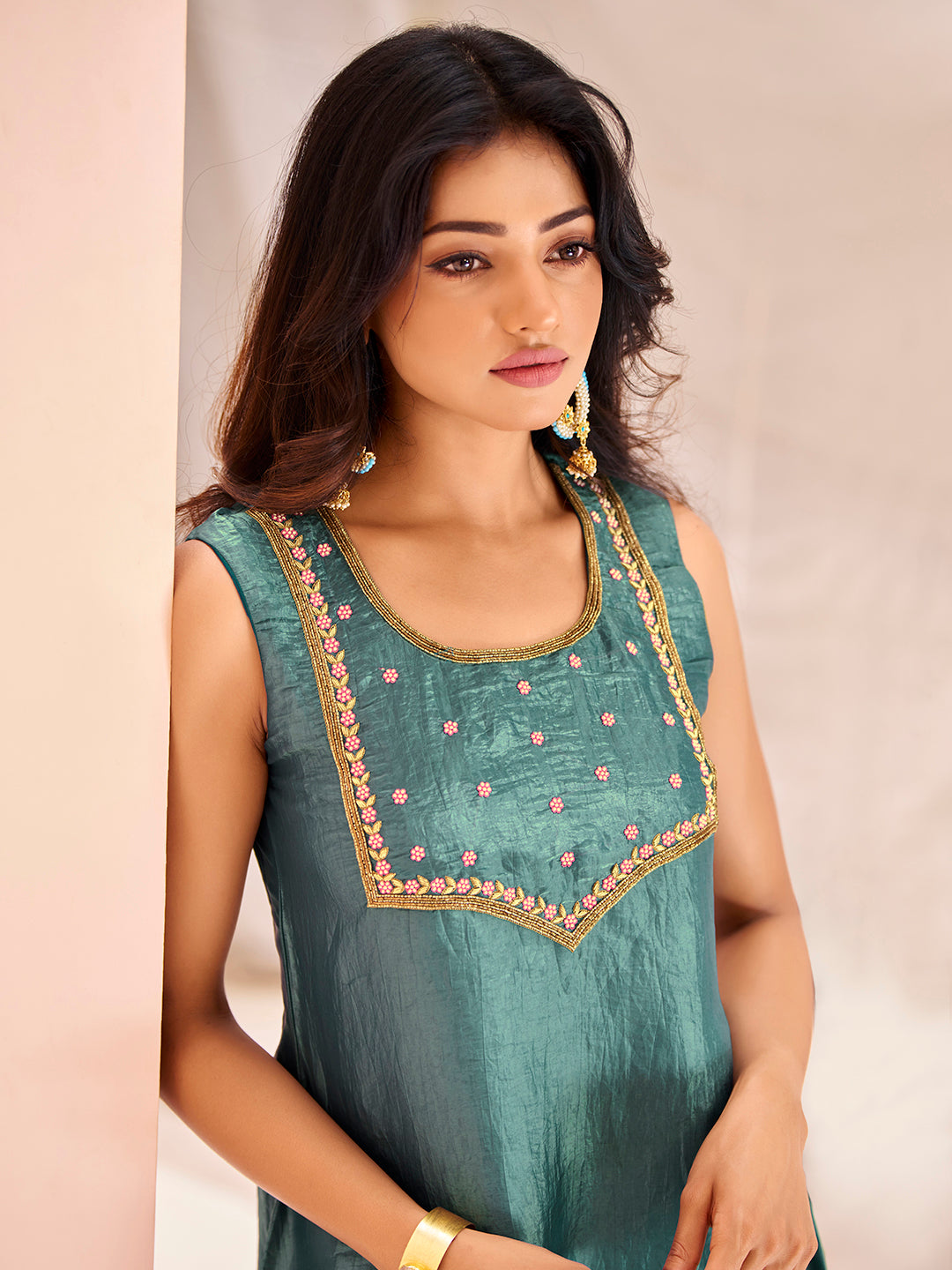 Aqua Blue Embroidered Kurta Pant Set for Women