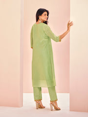 Pista Green Embroidered Kurta Pant Set for Women