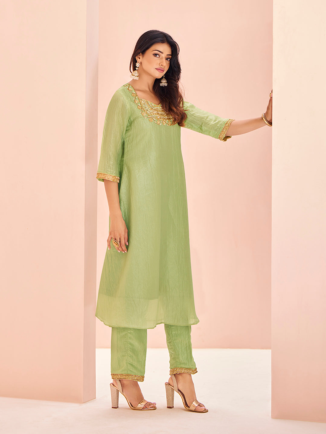 Pista Green Embroidered Kurta Pant Set for Women