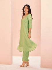 Pista Green Embroidered Kurta Pant Set for Women