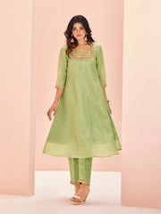 Pista Green Embroidered Kurta Pant Set for Women