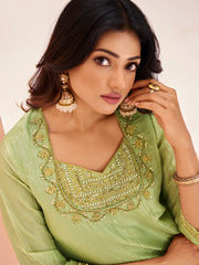 Pista Green Embroidered Kurta Pant Set for Women