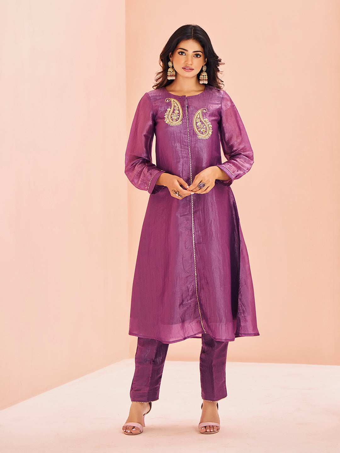 Purple Embroidered Straight Kurta Pant Set for Women