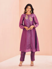 Purple Embroidered Straight Kurta Pant Set for Women