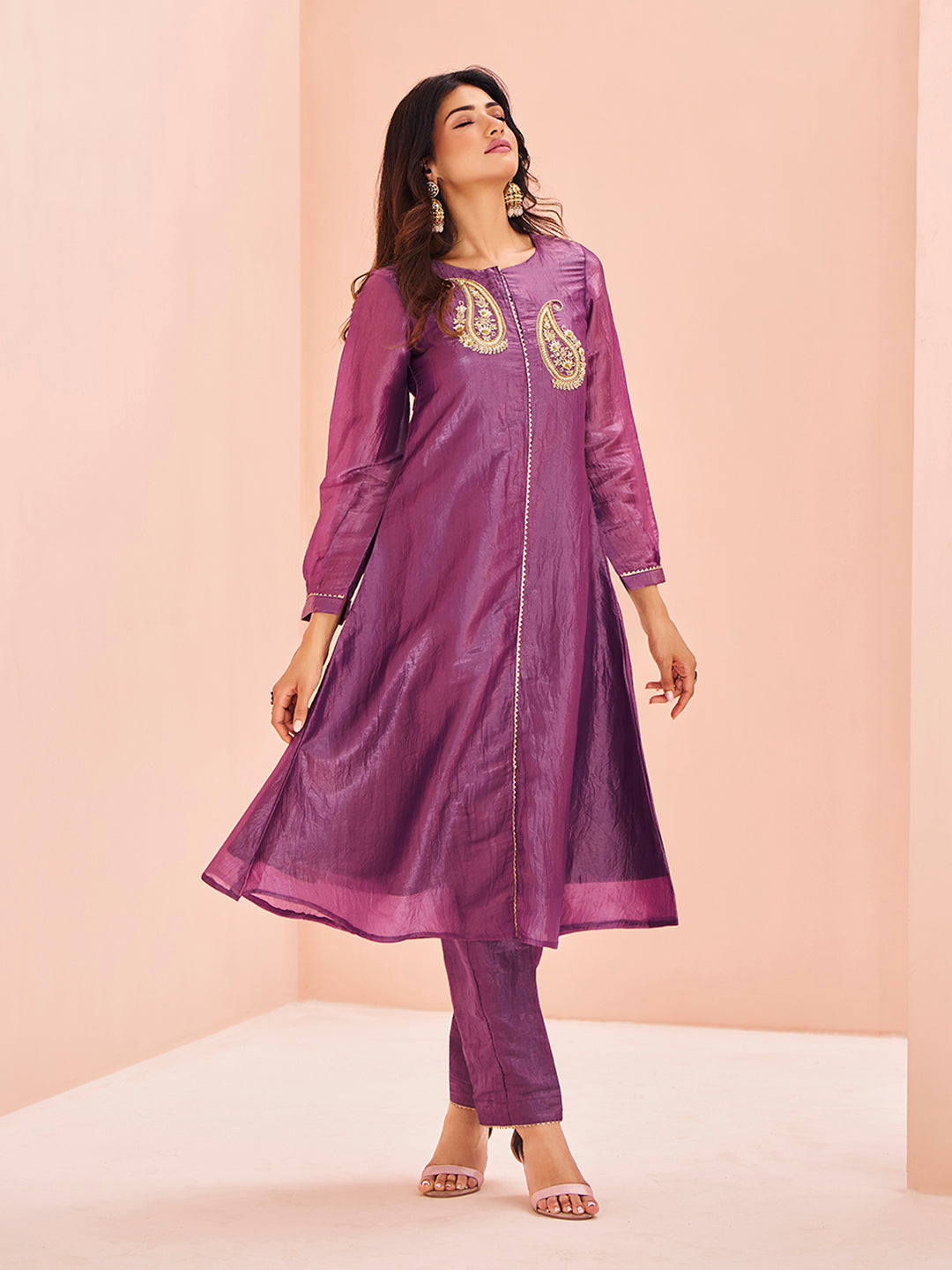 Purple Embroidered Straight Kurta Pant Set for Women