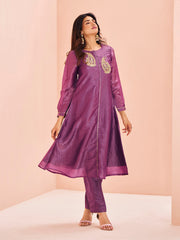 Purple Embroidered Straight Kurta Pant Set for Women