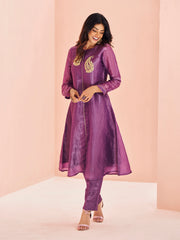 Purple Embroidered Straight Kurta Pant Set for Women