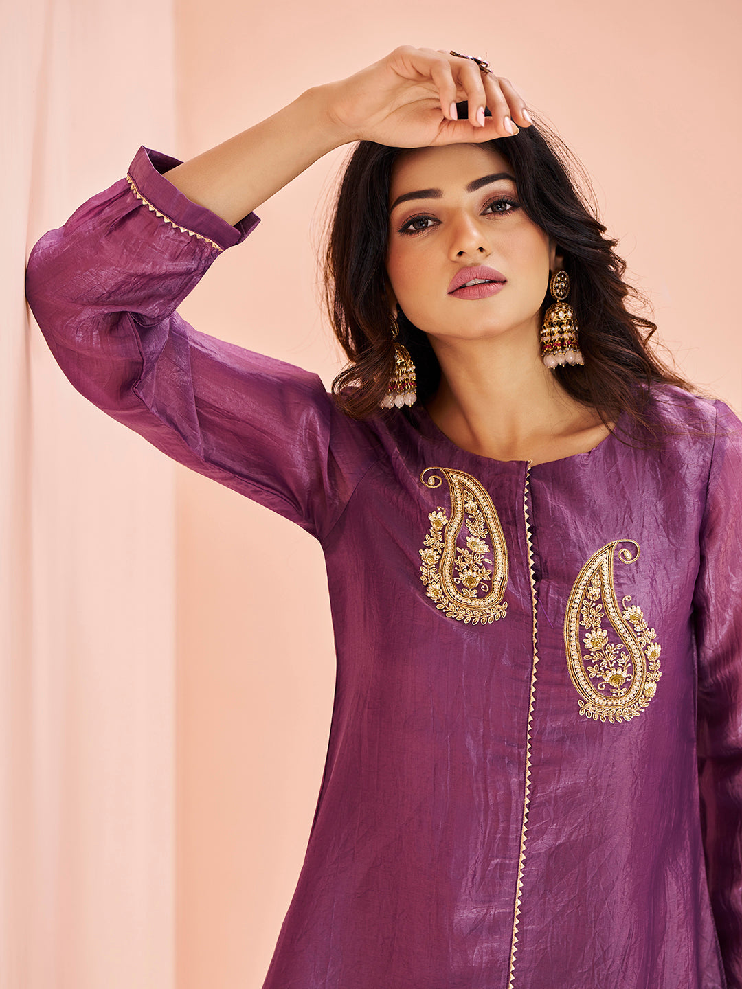 Purple Embroidered Straight Kurta Pant Set for Women