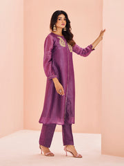 Purple Embroidered Straight Kurta Pant Set for Women
