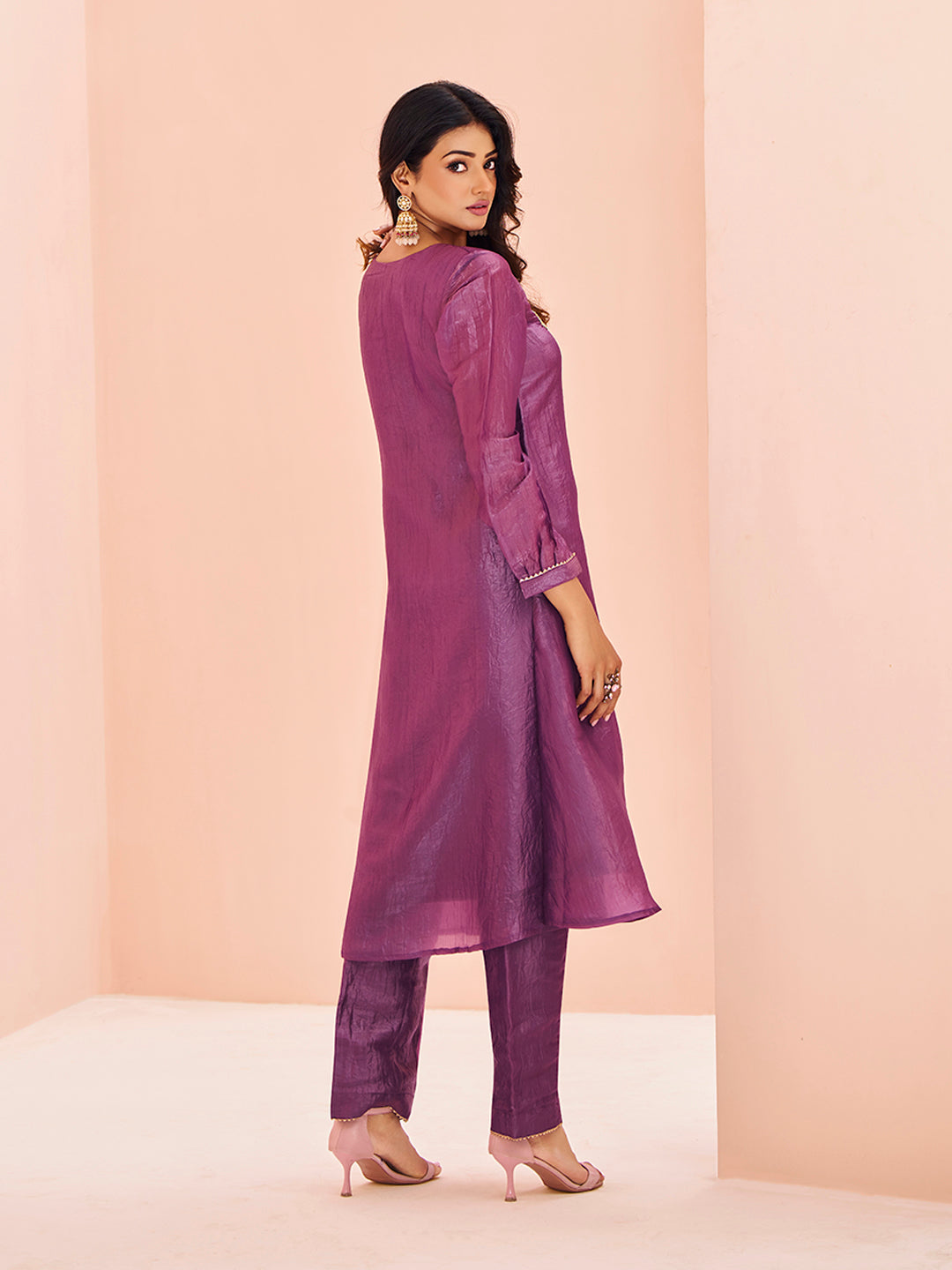 Purple Embroidered Straight Kurta Pant Set for Women