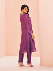 Purple Embroidered Straight Kurta Pant Set for Women