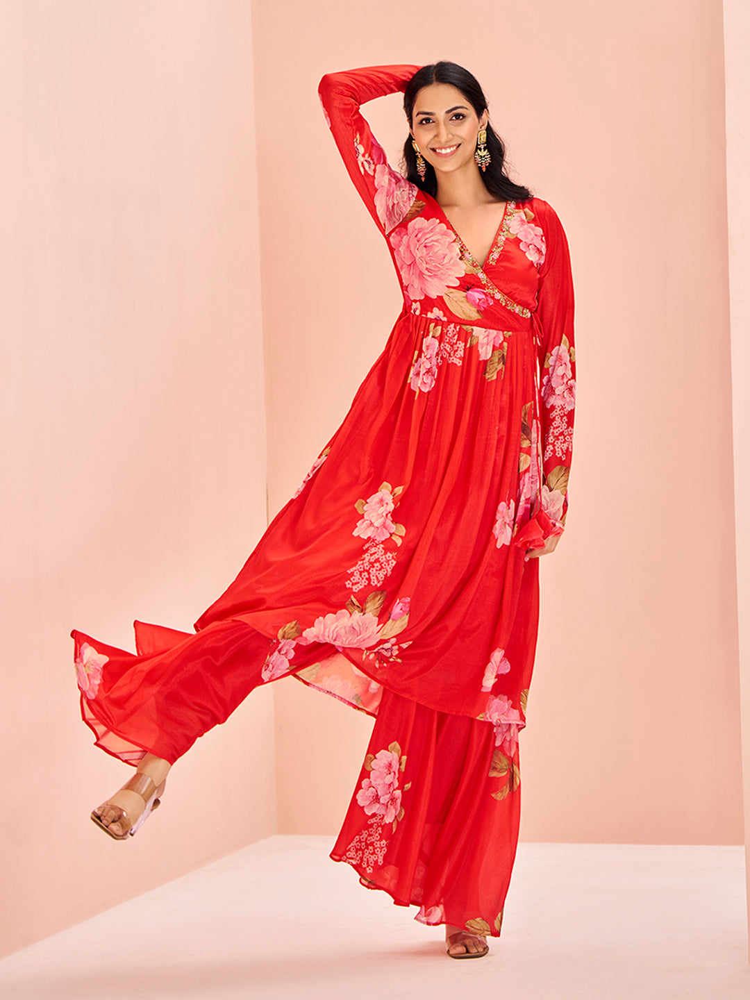 Red Floral Printed Anarkali Kurta with Palazzo Set for Women