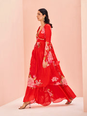 Red Floral Printed Anarkali Kurta with Palazzo Set for Women