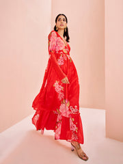 Red Floral Printed Anarkali Kurta with Palazzo Set for Women
