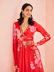 Red Floral Printed Anarkali Kurta with Palazzo Set for Women