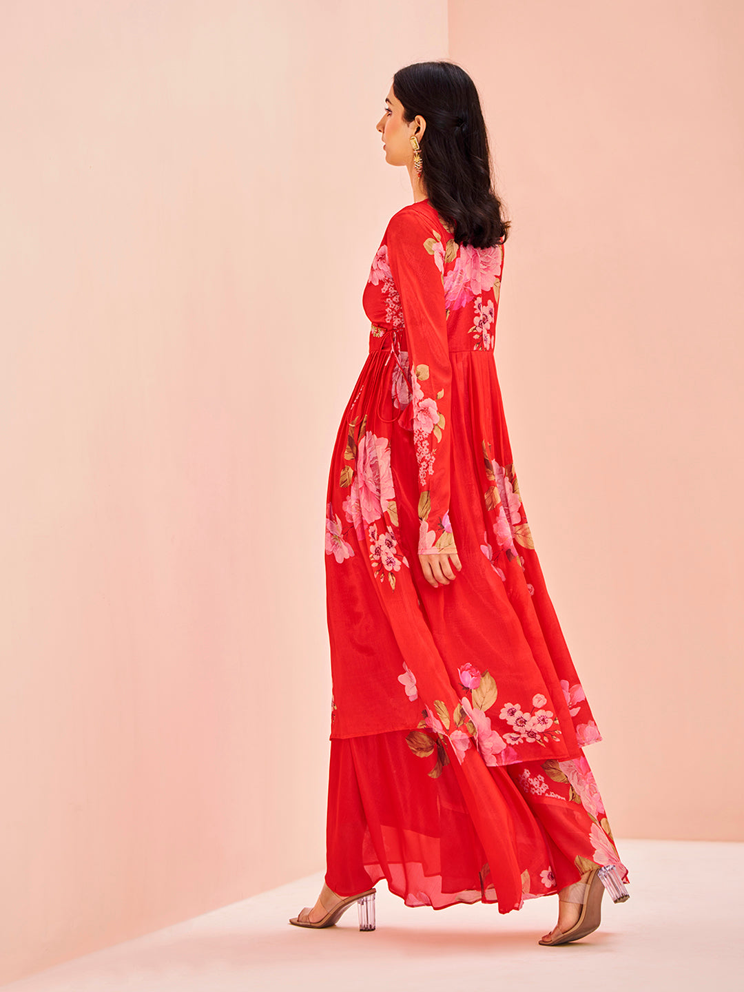Red Floral Printed Anarkali Kurta with Palazzo Set for Women