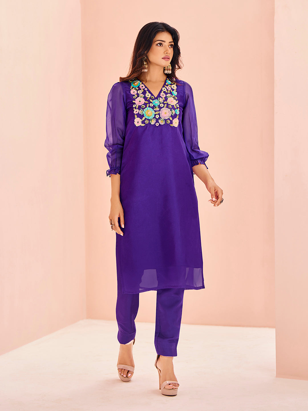 Royal Purple Floral Embroidered Kurta Set for Women