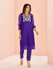Royal Purple Floral Embroidered Kurta Set for Women