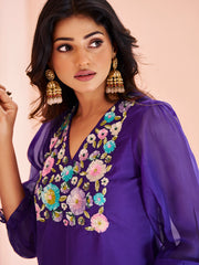 Royal Purple Floral Embroidered Kurta Set for Women
