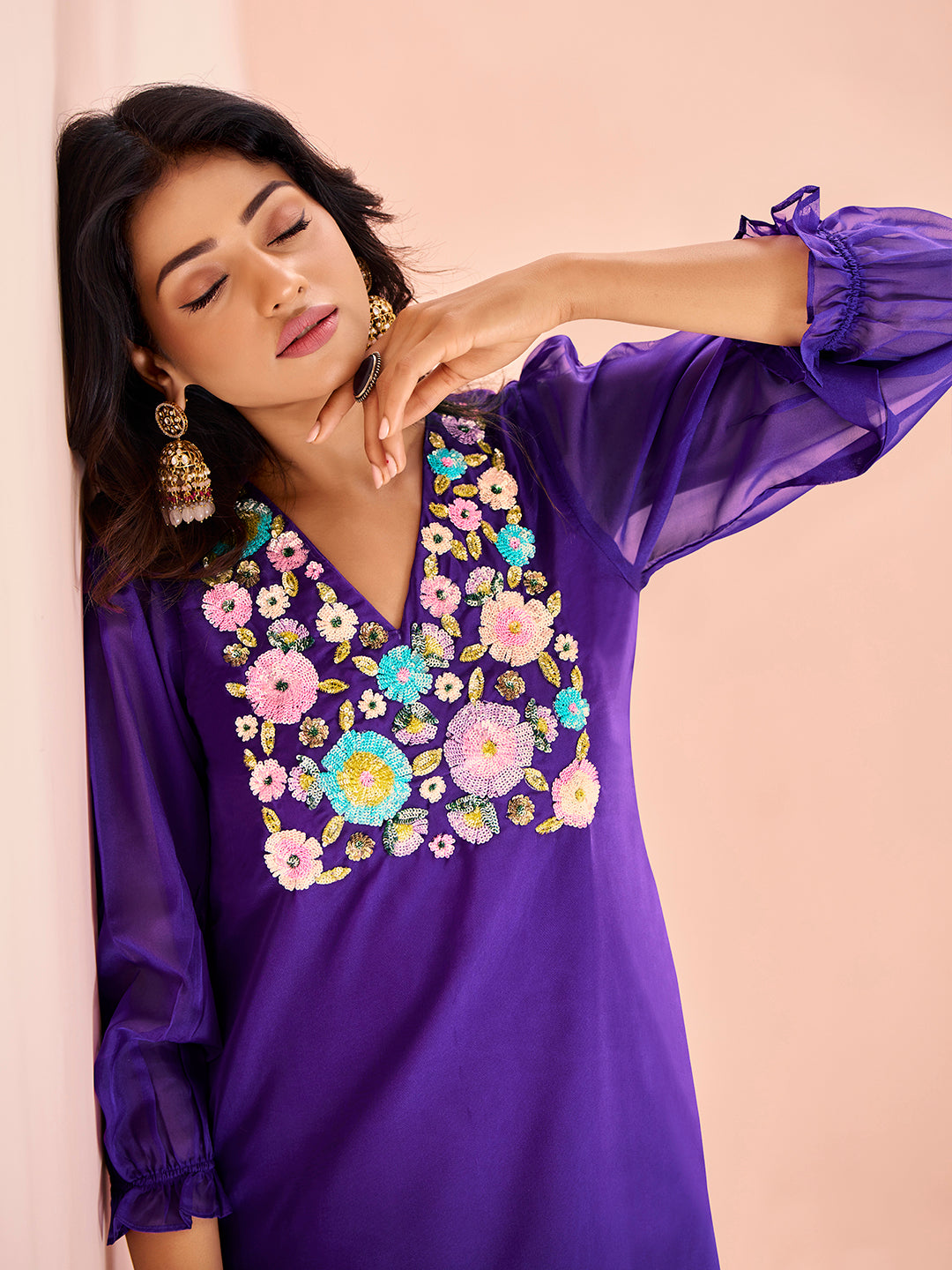 Royal Purple Floral Embroidered Kurta Set for Women