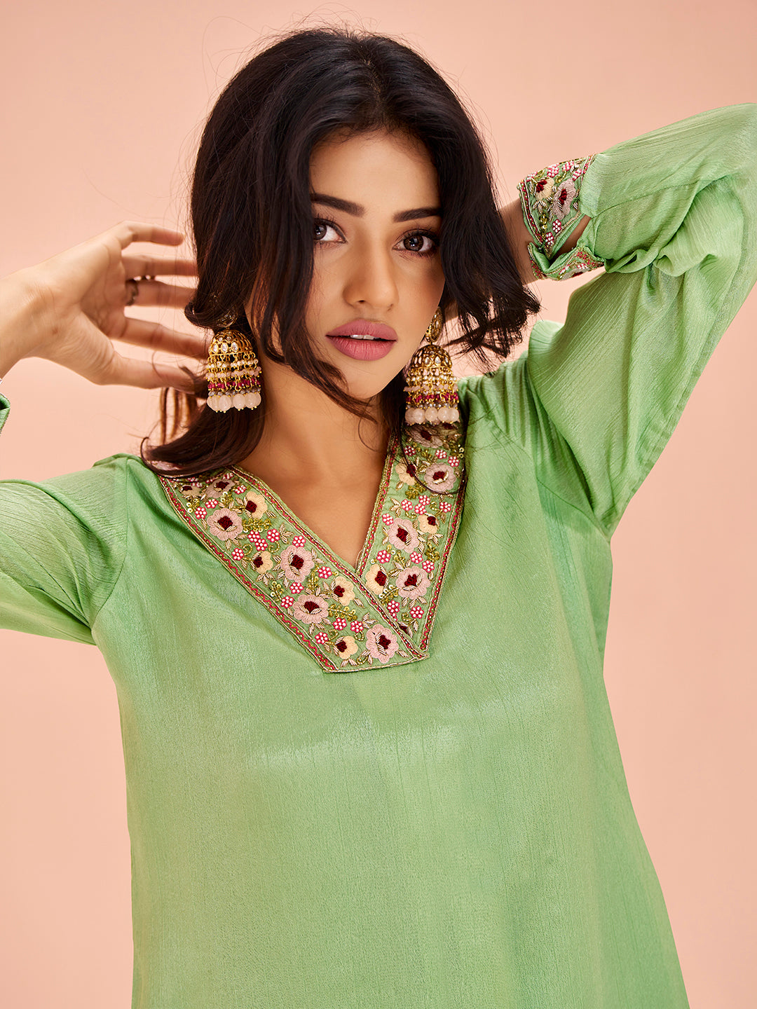 Pastel Green Embroidered Kurta Set for Women