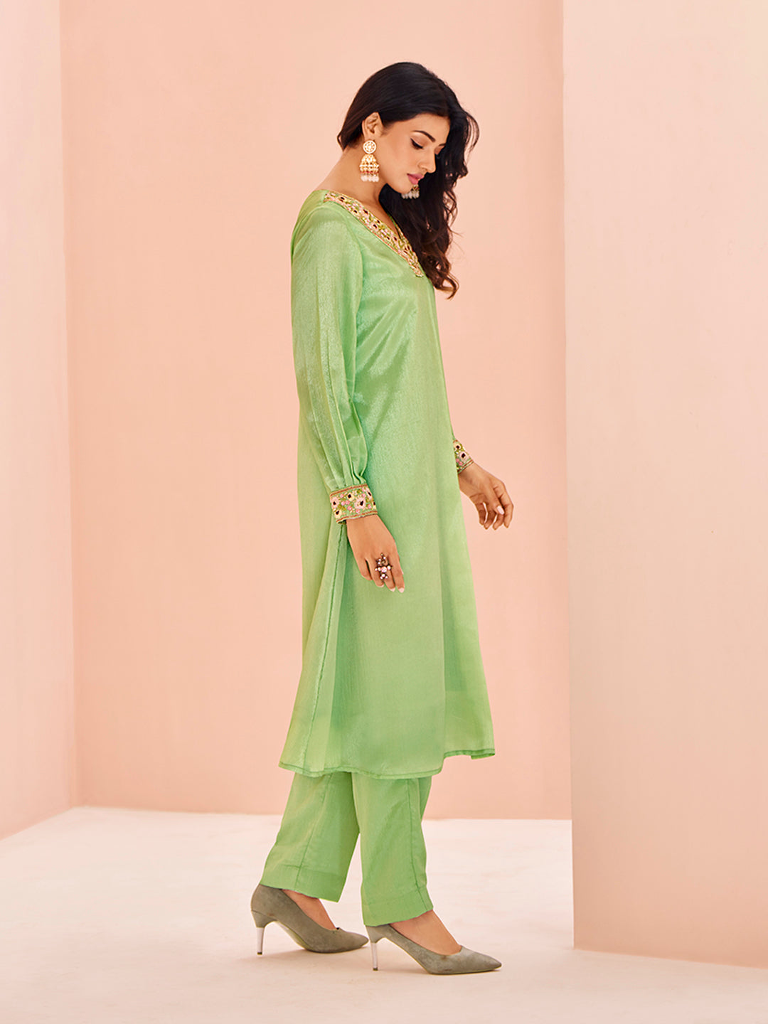 Pastel Green Embroidered Kurta Set for Women