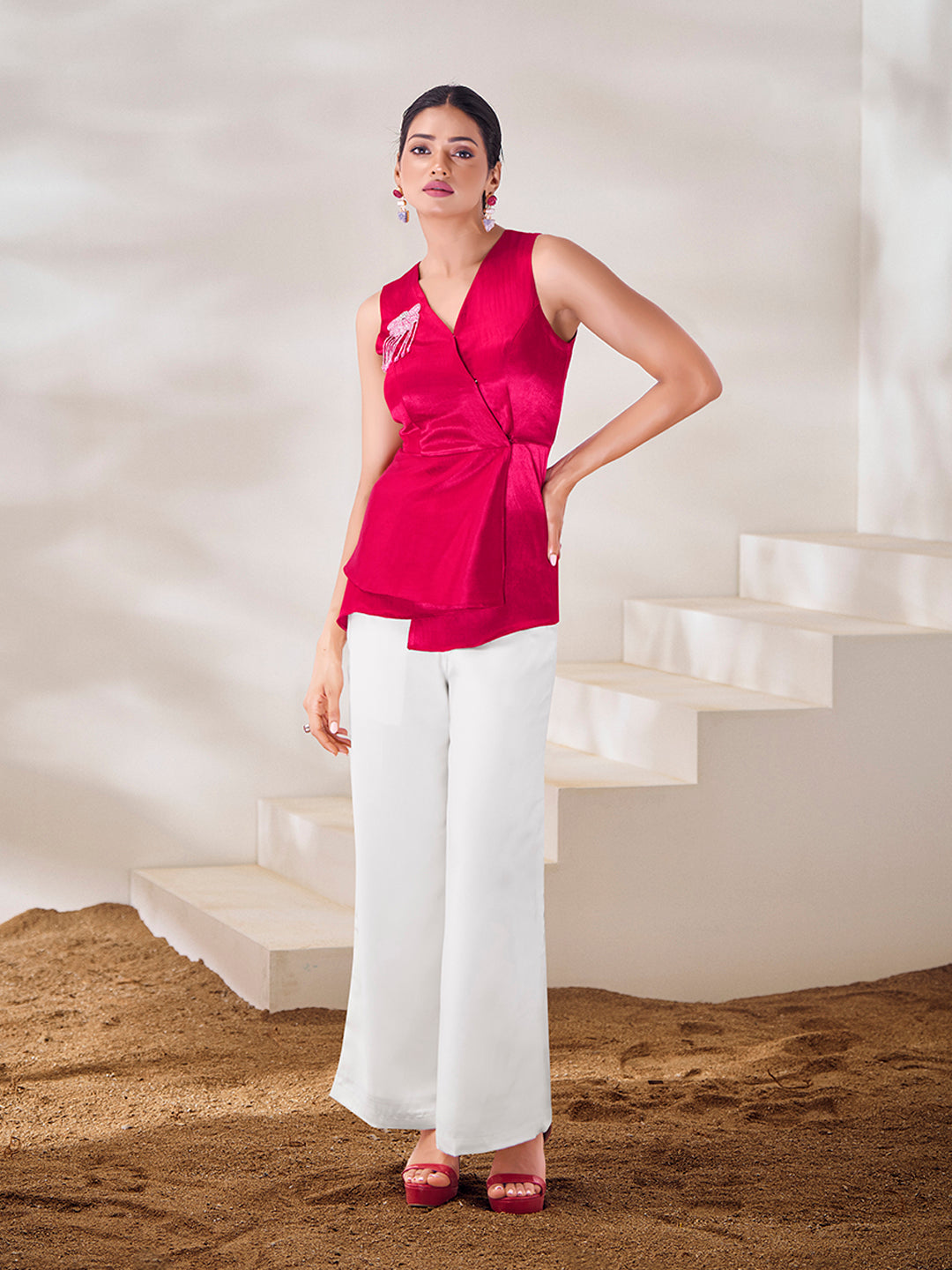 Hot Pink Designer Top with White Trousers