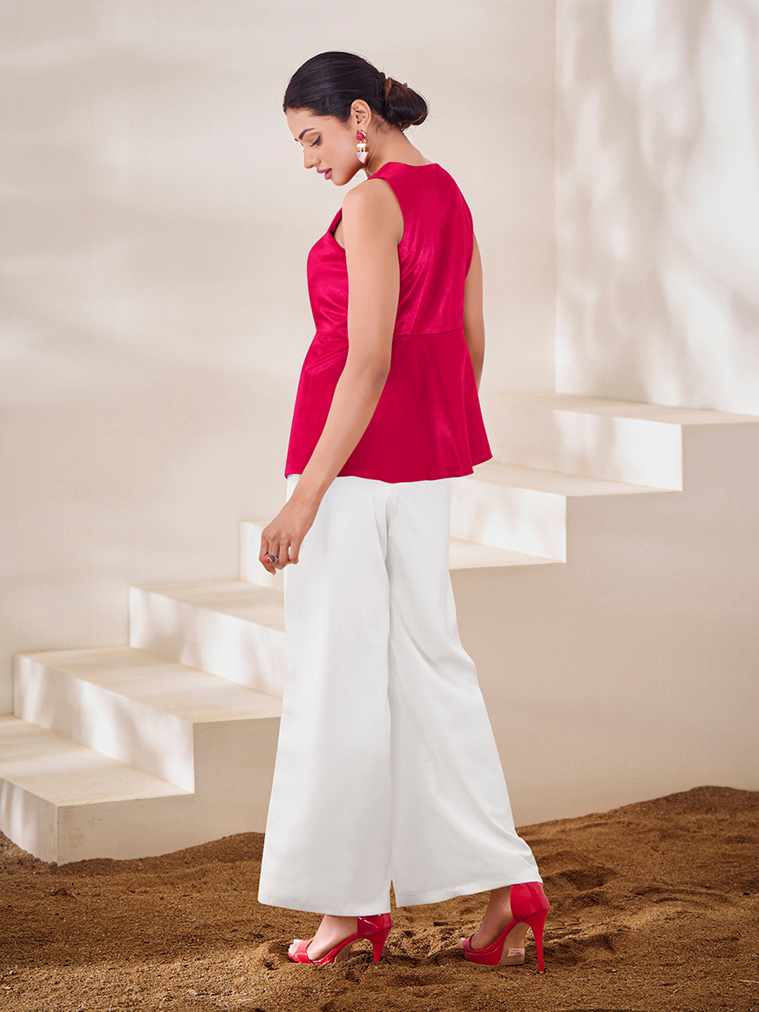 Hot Pink Designer Top with White Trousers