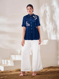 Navy Blue Embroidered Satin Peplum Top with Palazzo Pants