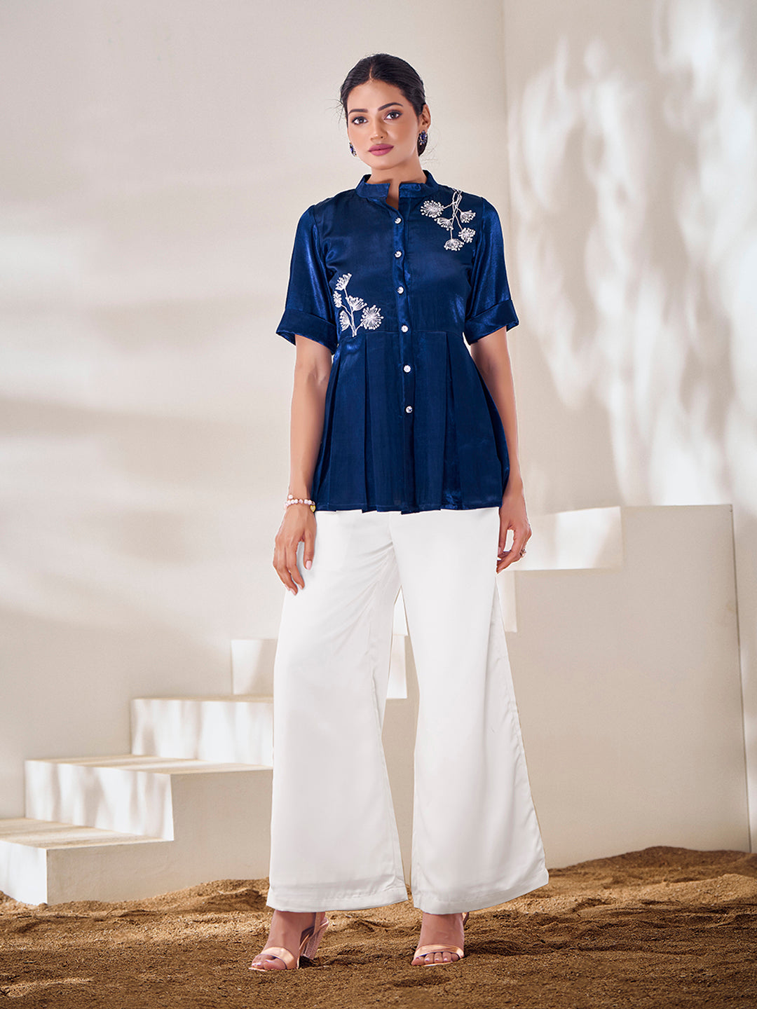 Navy Blue Embroidered Satin Peplum Top with Palazzo Pants